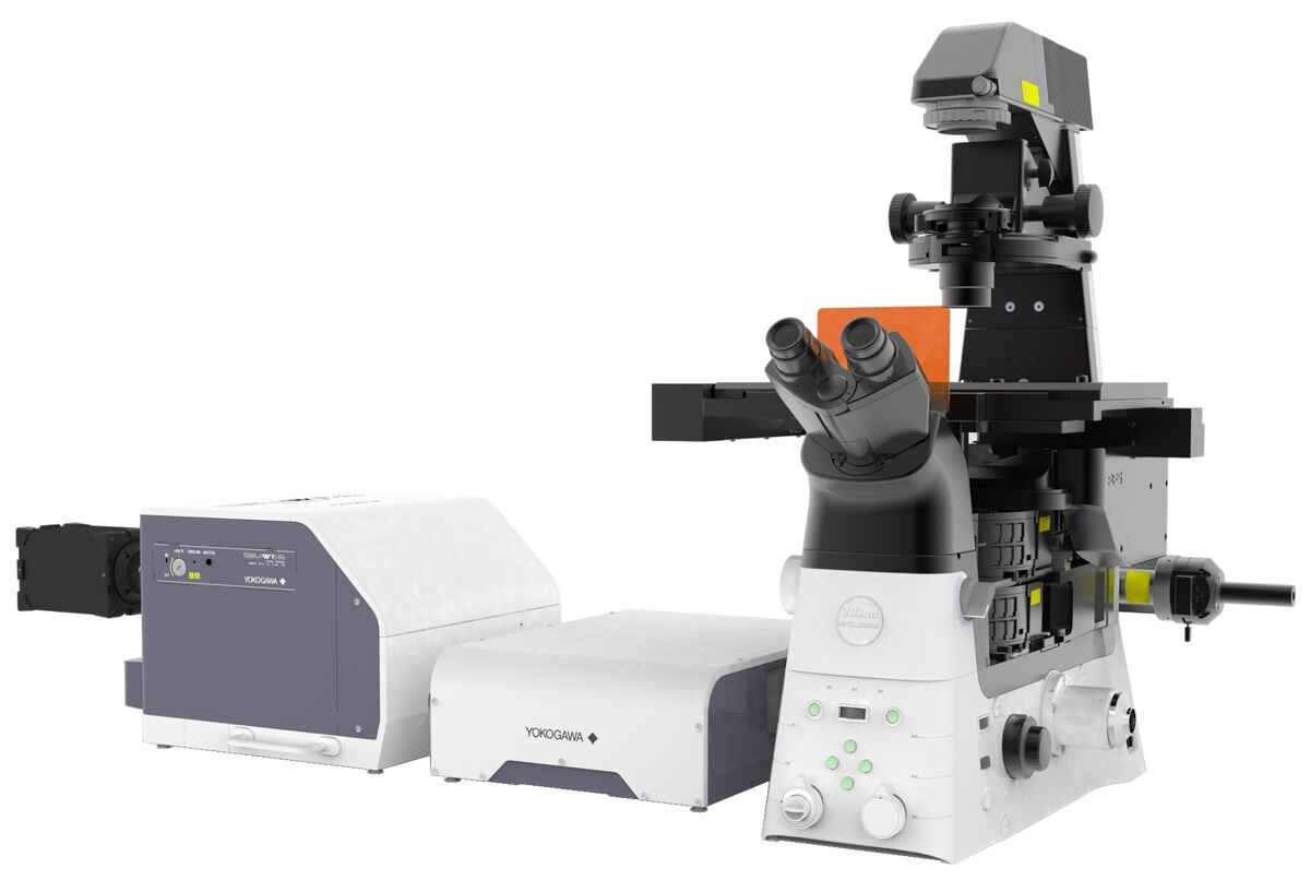 A Nikon Ti2 inverted microscope is shown with a CSU-W1 spinning disk scanhead and SoRa magnifier unit on the left port.