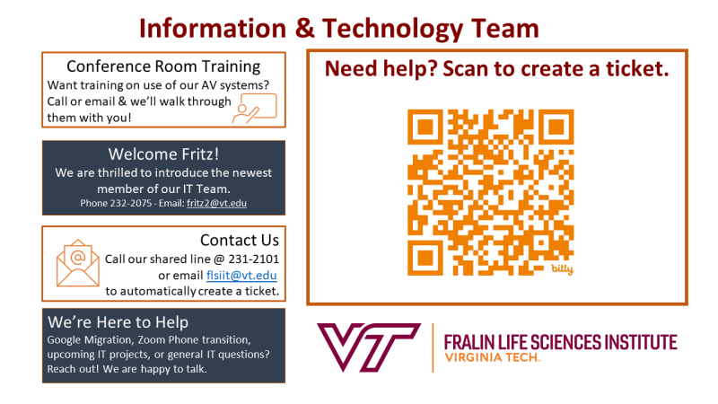Postcard overview of the Information and Technology Team for the Fralin Life Sciences Institute.