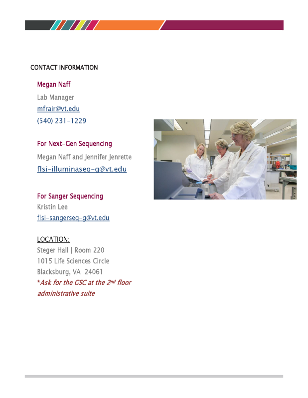 One sheet overview of the Genomics Sequencing Center contact information.