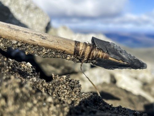 An undated photo of a wooden arrow, about 3,000 years old and in unusually fine condition, that he found in the mountains of Norway in September 2023. The wooden arrow, with a quartzite tip, was preserved under ice. 