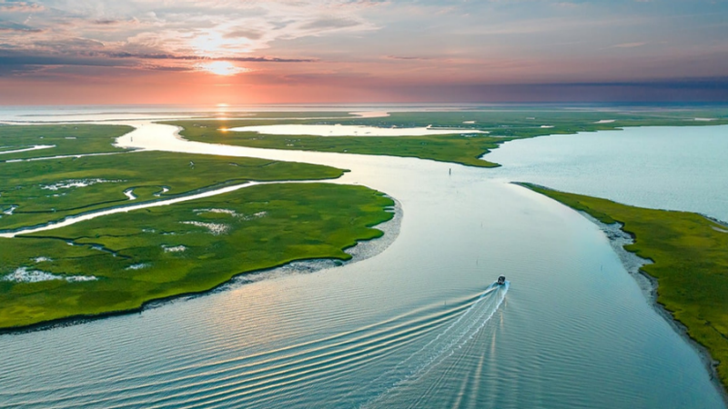 A body of water showing the wave ripples caused by a boat.