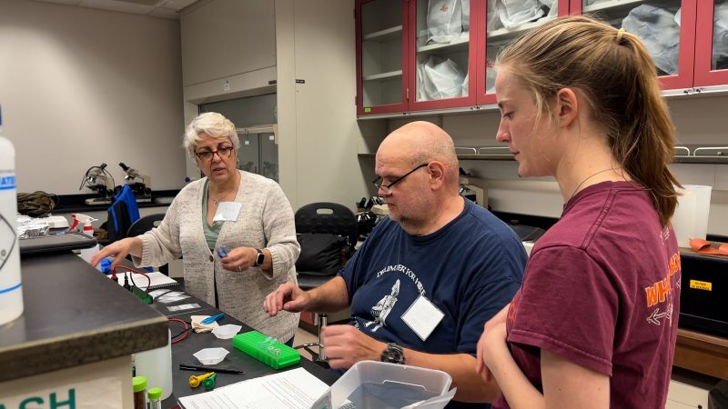 Kathleen Reuwer works with high school science teachers during a Biotech in Box workshop held over the summer on Virginia Tech's campus. Photo by Clark DeHart for Virginia Tech.