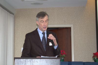 Rob McCarley shares some remarks at the Fralin Life Sciences Institute holiday awards luncheon.