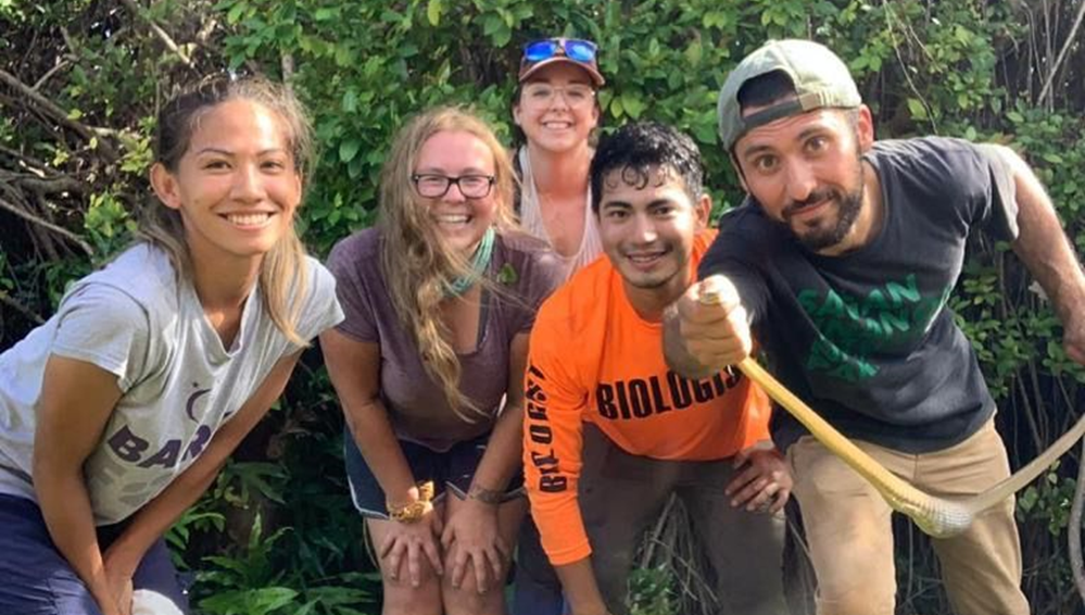 The field crew after a hard-fought snake capture: (from left) Tomona Lapitan, Kayla Baker, Careyjo Titus, Juna-Carlos Mungaray, and Martin Kastner. Photo courtesy of Martin Kastner.